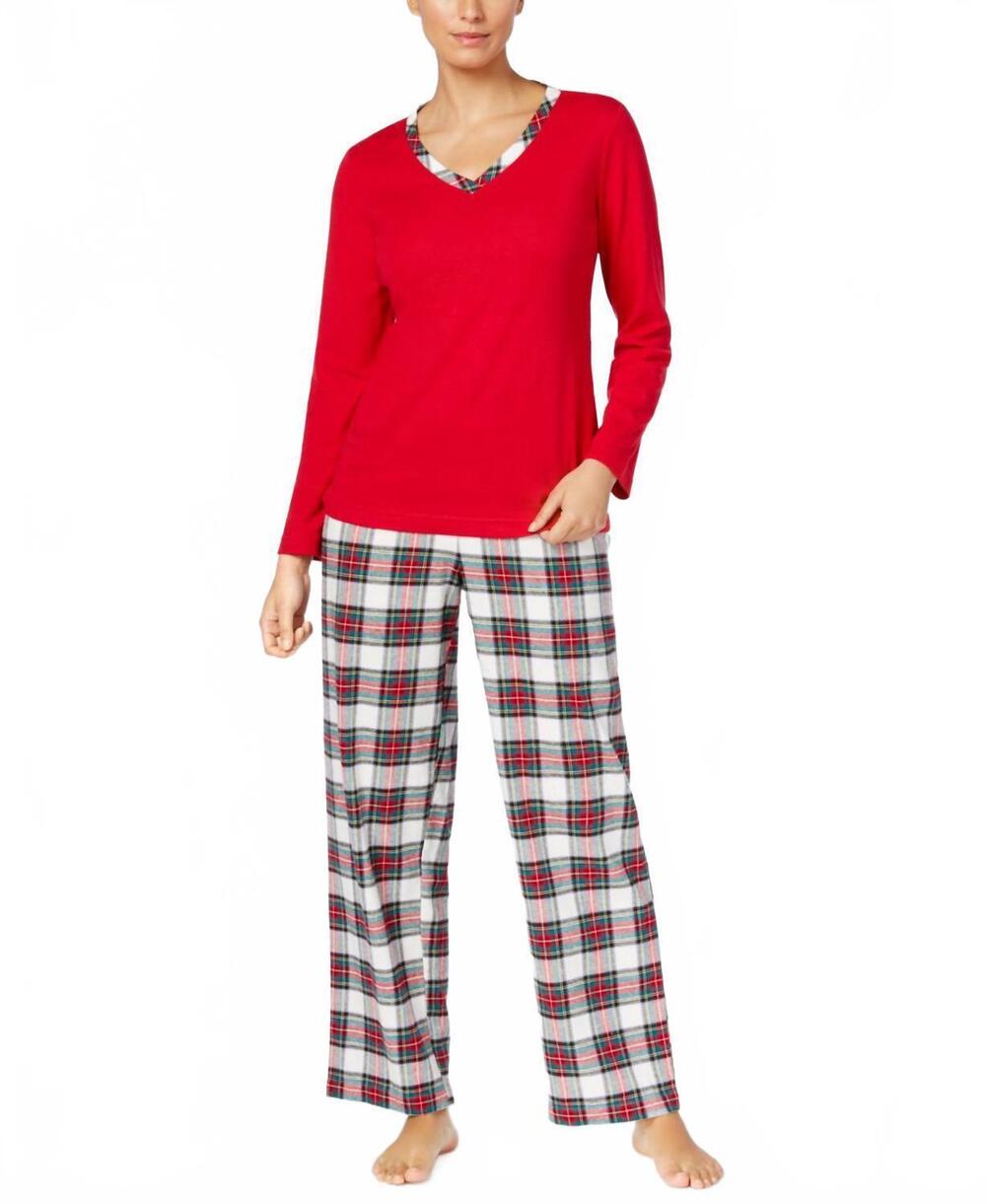 NEW CHARTER CLUB LUXURY knit top flannel bottom pajama set in red